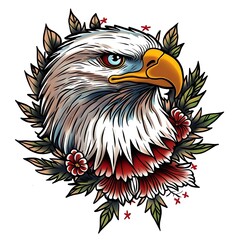 Eagle tattoo featuring detailed wings strong beak and floral accents in vibrant American traditional style image