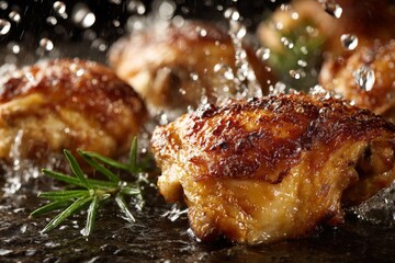 Crispy chicken thighs sizzle in hot oil with fresh herbs in a kitchen setting