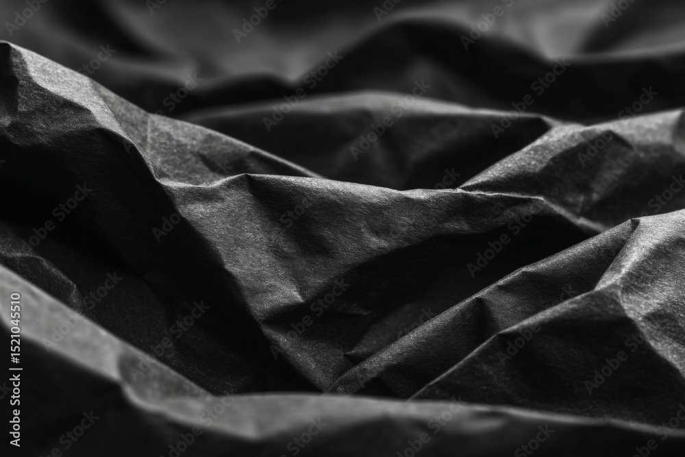 Poster texture of crumpled black paper reveals intricate patterns in soft light in a still life composition