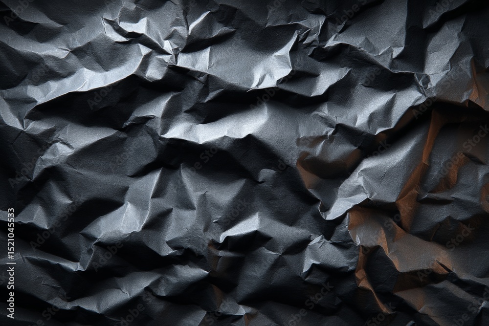 Poster textured black crumpled paper background showcasing intricate folds and shadows for creative design