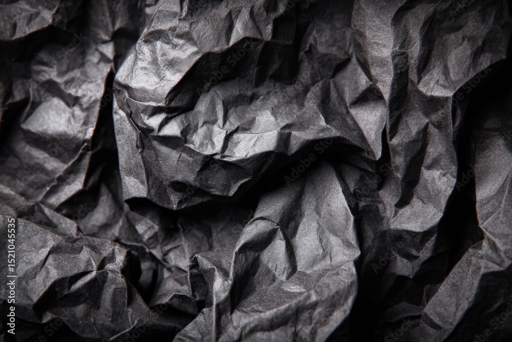 Poster Crinkled black paper texture creates an intriguing abstract pattern in close-up view, showcasing shadows and light