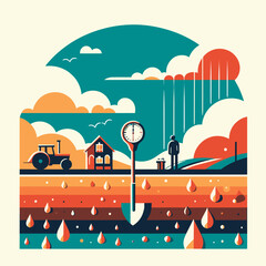 Soil moisture meter illustration with colorful landscape featuring tractor and farmer