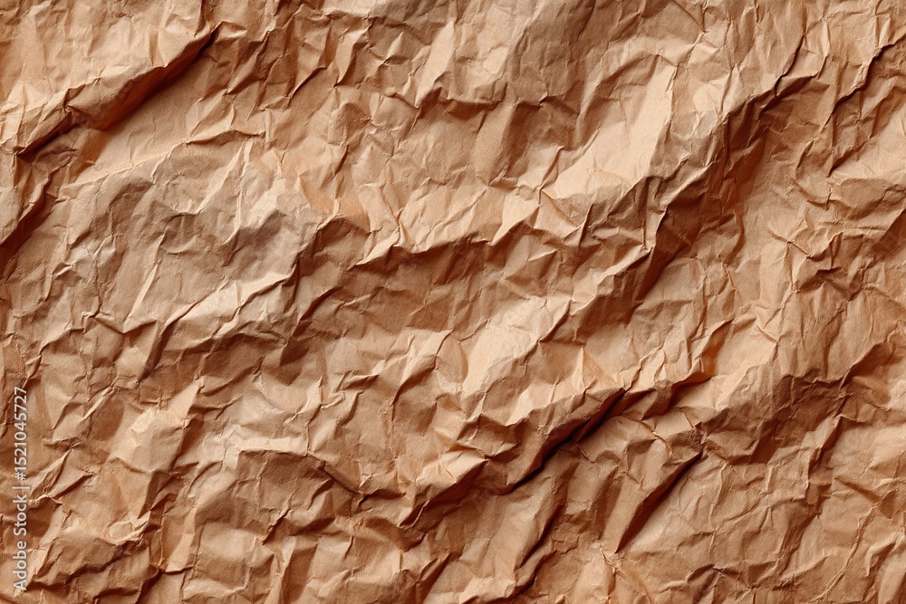 Poster Textured brown paper surface showcasing intricate creases and folds with natural lighting creating subtle shadows