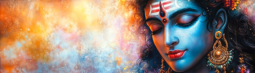 Fototapeta premium Close-up portrait of Hindu god Shiva with blue skin, closed eyes, sacred forehead markings, ornate earrings, vibrant colorful cosmic background, divine tranquility and spirituality concept digital art
