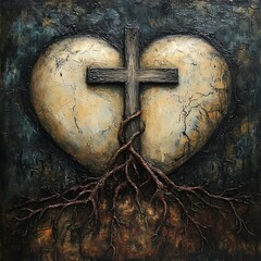 Heart shaped symbol of love and sacrifice with Cross and ivy growing together