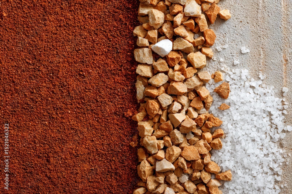 Poster Spices and salt arranged in distinct patterns showcasing textures and colors in a culinary setting