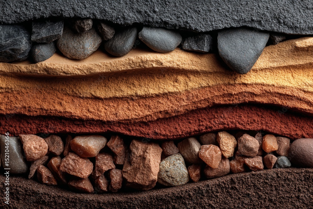 Poster Artistic representation of layered earth materials showcasing sedimentary textures and colors in a natural setting