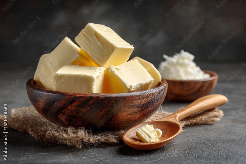 Aufkleber butter cubes arranged in a wooden bowl next to a small bowl of cream on a rustic table in a dimly li