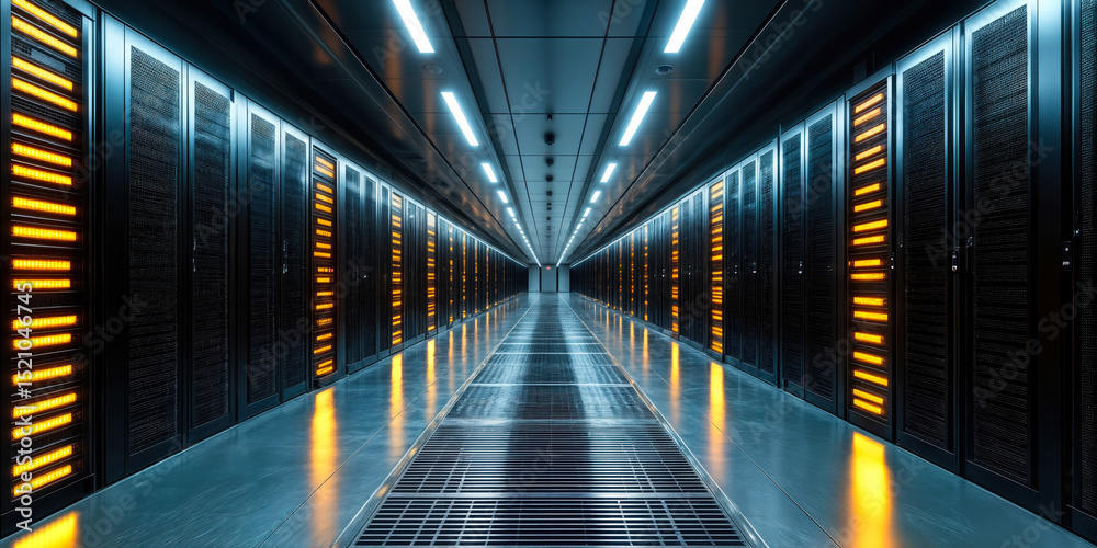 Poster data center server room with illuminated racks and reflective floor in high-tech environment for net