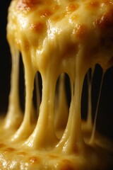 melted cheese stretching with detail, melted cheese texture on dark background, food styling close-up of melted cheese pull, Melted cheese stretching from a warm dish.