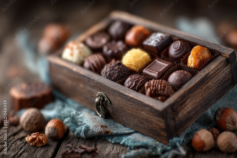 Poster Delicious assortment of handcrafted chocolates displayed in a rustic wooden box with nuts on a textured fabric background