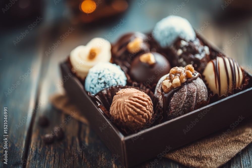Poster gourmet chocolate truffles displayed in an elegant box on a rustic wooden table during a cozy gather