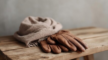 Pair of brown leather gloves resting on a wooden table. the gloves appear to be made of leather and have a smooth texture.