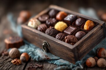 Delicious assortment of handcrafted chocolates displayed in a rustic wooden box with nuts on a textured fabric background