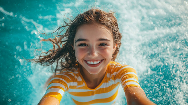 Full-body shot of a cheerful young woman wearing a striped shirt and enjoying a surf ride against a turquoise background