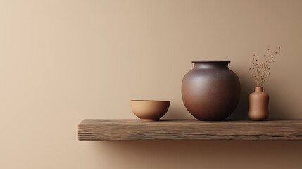 Wooden shelf against a plain beige wall. on the shelf, there are three decorative items - a large vase, a small bowl, and a small vase with dried flowers in it.