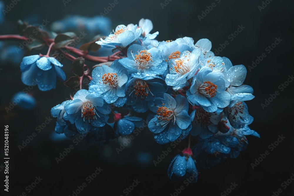 Poster beautiful blue flowers covered in dew create a serene atmosphere in a garden during early morning ho