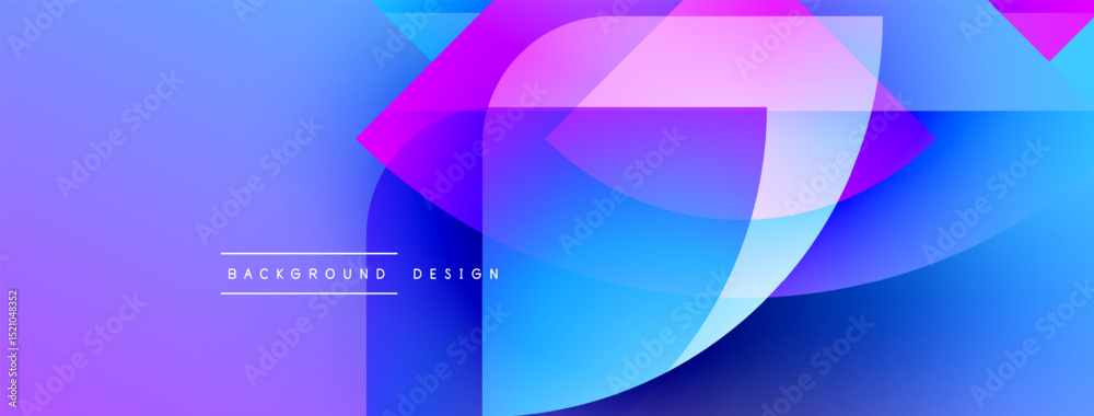 Poster Abstract background features overlapping translucent shapes. Blue, purple, pink hues create dynamic visual effect. Modern design element.