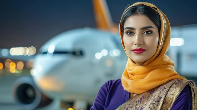 Radiant Air Hostess by the Aircraft: A warm, close-up shot captures a serene air hostess, dressed in vibrant attire, standing by a jet, illuminated by the soft glow of the airport.