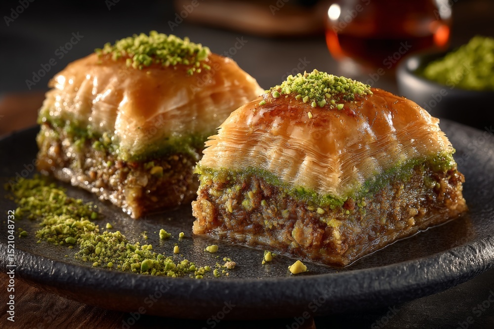 Poster delightful baklava served on a rustic plate with crushed pistachios and honey drizzle in evening lig