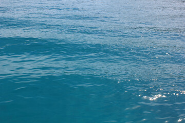 Sparkling Ocean Surface Under Bright Sunlight. The sunlight reflects off the deep blue sea creating sparkling highlights on the surface, evoking a fresh and vibrant tropical atmosphere.