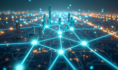 Bright blue nodes and lines form a digital network overlaying a sprawling city skyline at night.