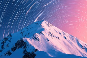 Majestic snow-capped mountain peak under a mesmerizing night sky filled with star trails.