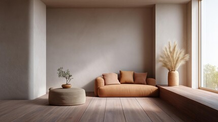 Modern living room with a large window on the right side. the window has a wooden frame and is letting in natural light.