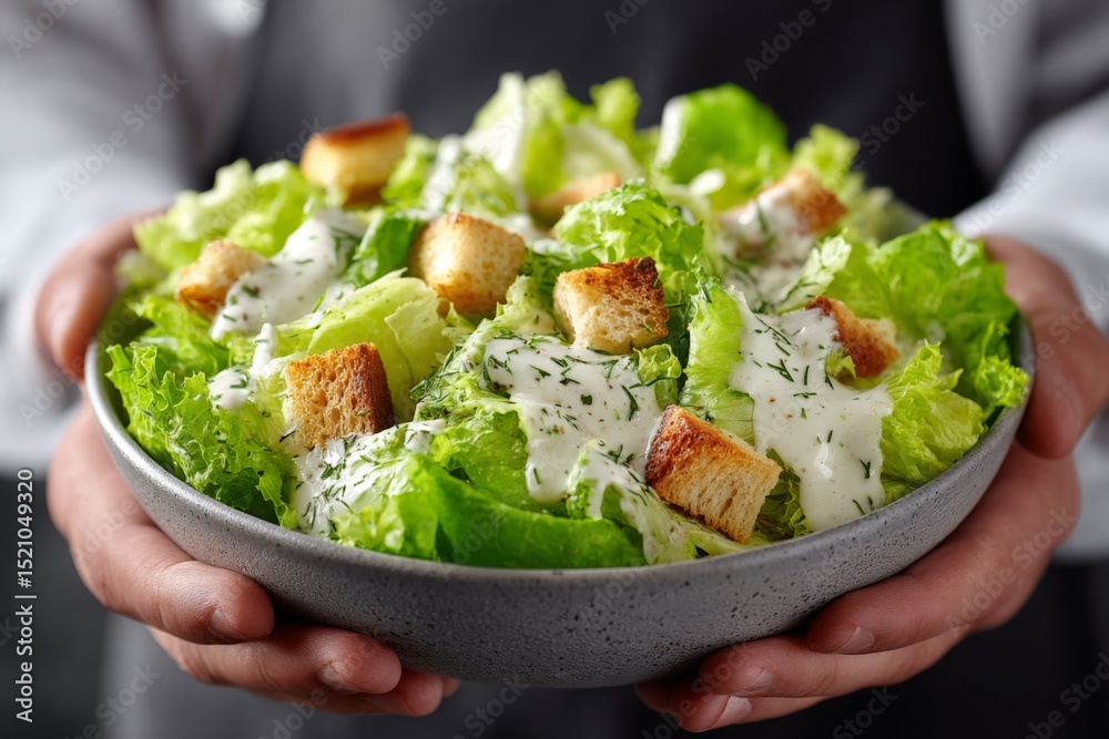 Aufkleber freshly prepared salad with creamy dressing and crispy croutons served in a bowl by a chef in a kitc