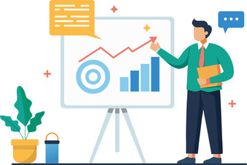 Businessman Giving a Presentation with Growth Graph and Target &ndash; Flat Vector Illustration for Strategic Business Planning