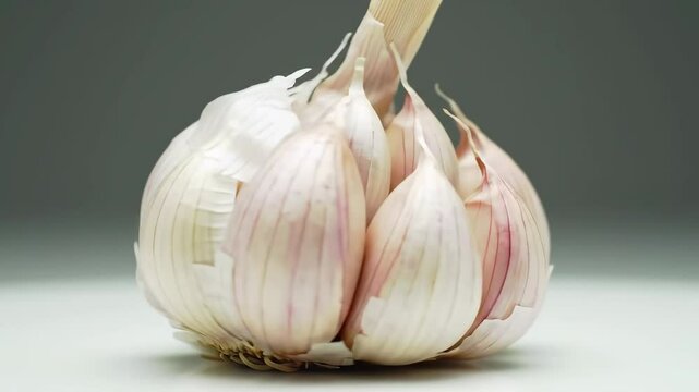 Whole garlic bulb on white, orbit and tilt, photorealistic close-up