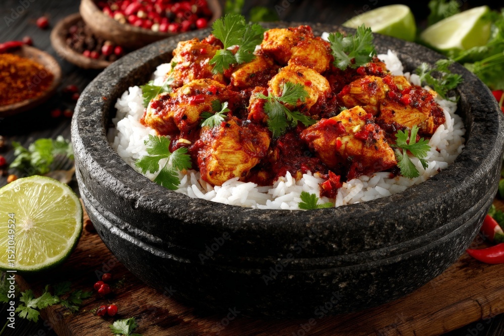 Aufkleber spicy chicken dish served on white rice with fresh herbs and lime wedges in a rustic setting