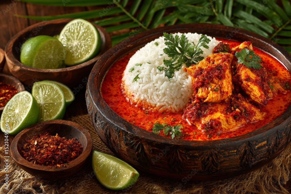 Poster spicy chicken dish served with rice and lime on a rustic wooden table