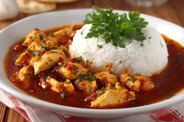 Delicious chicken curry served with fluffy white rice in a cozy setting