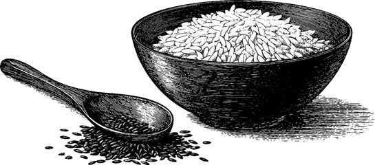 Engraved illustration of rice bowl and wooden spoon for culinary design and art projects