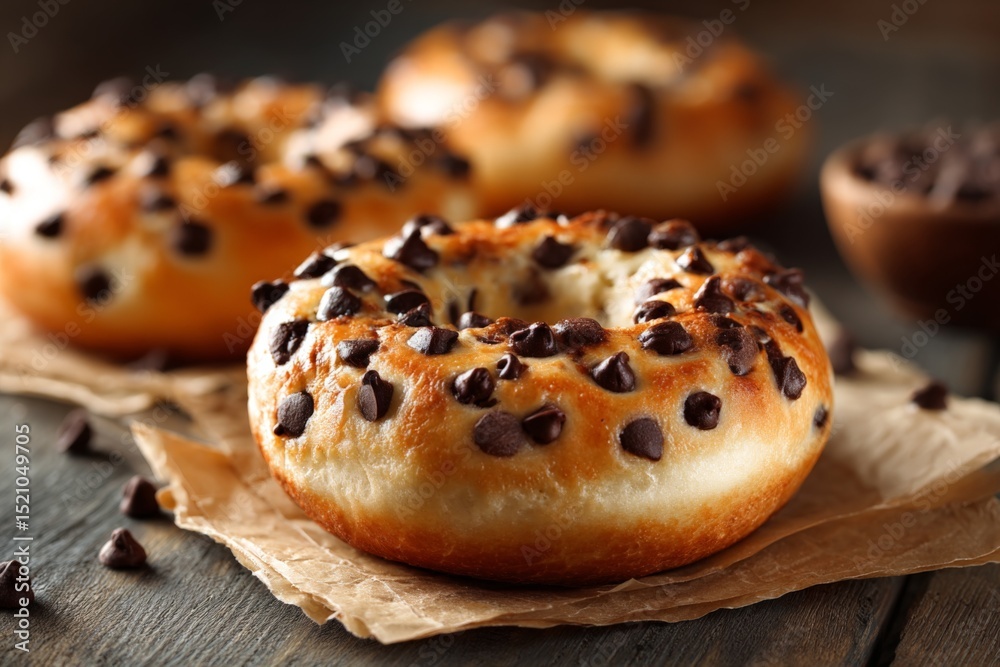 Aufkleber delicious chocolate chip bagels displayed on a rustic wooden table with chocolate chips scattered ar