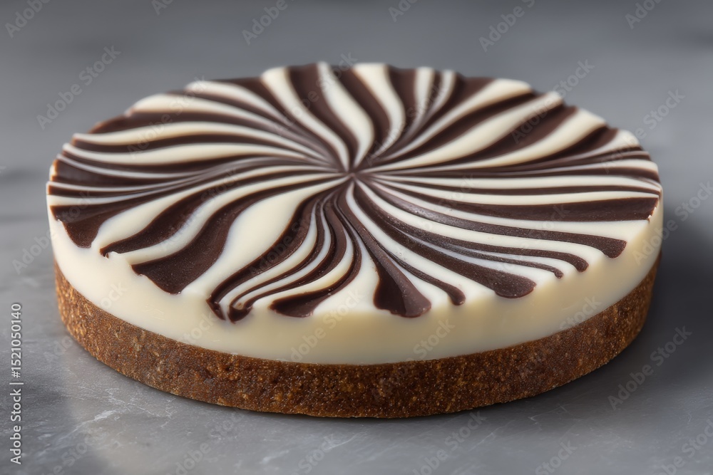 Poster delicious dessert featuring a chocolate and vanilla swirl design with a rich crust on a marble count