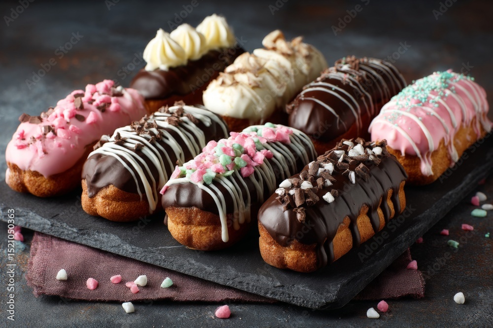 Poster colorful desserts displayed on a dark slate board with decorative toppings and cream at a cozy baker