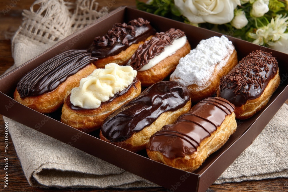 Poster delicious assorted pastries with chocolate and cream toppings arranged perfectly in a box
