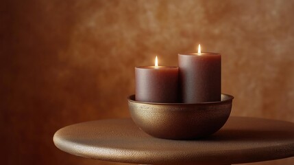 Two lit candles in a small bowl on a round wooden table. the bowl is made of a dark brown material and has a textured surface.