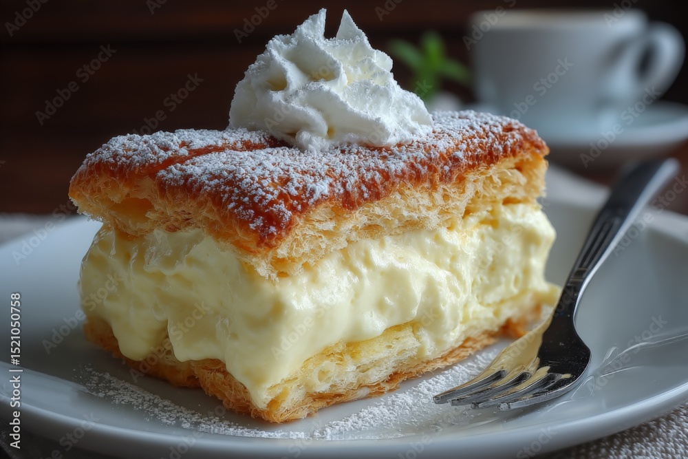 Poster delicious pastry with cream filling topped with whipped cream and powdered sugar on a plate in a coz