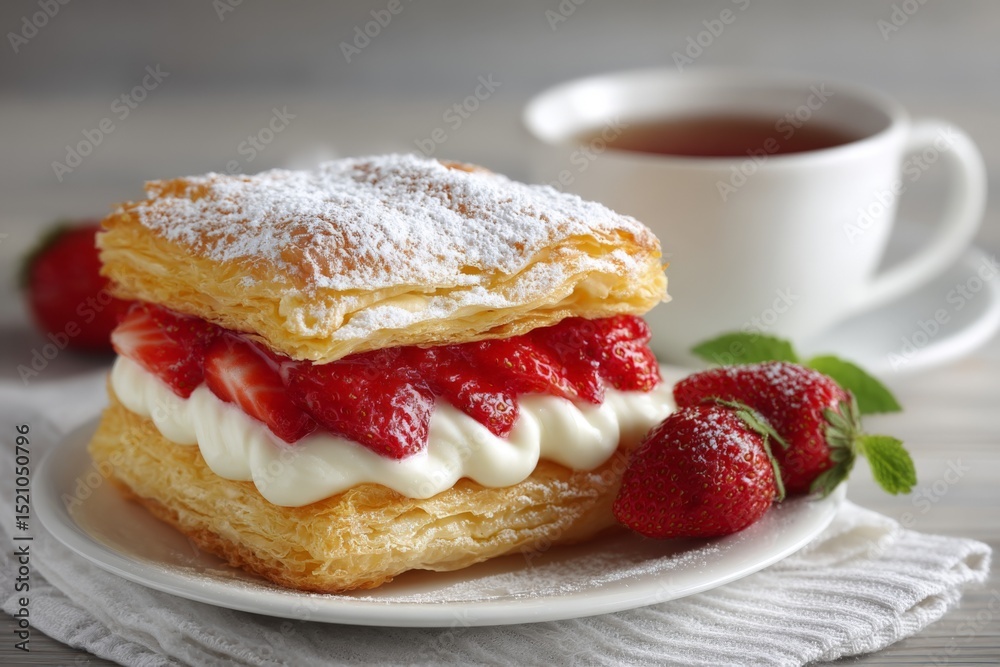 Poster flaky pastry with fresh strawberries and cream served with tea on a rustic table