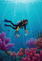 Man in dive suit cleans the ocean floor collecting plastic waste near colorful coral reef for environmental protection and sustainability awareness.