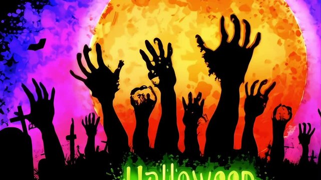 Abstract illustration of Halloween sign and graveyard with waving zombie hands video with black background 