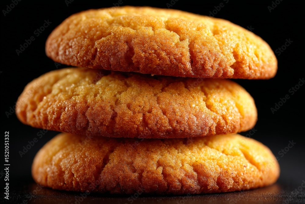 Poster freshly baked cookies stack against a dark background, showcasing texture and color variations in de