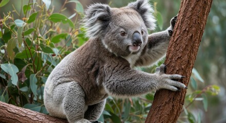Naklejka premium Cute koala gracefully climbing a tree while surrounded by lush greenery, showcasing its unique features and playful demeanor in a natural habitat