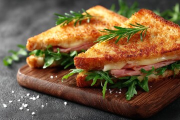 Delicious grilled sandwich with ham and arugula served on wooden board with herbs in cozy setting
