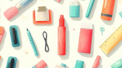 Colorful stationery items including pens, markers, erasers, ruler, scissors, and clips on white background.