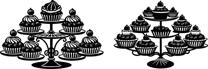 Silhouette of a cupcake stand with multiple cupcakes. Cake stand. Fill solid icon set. Dessert tier plate signs. Cupcake tower. Pastry serving tray. 