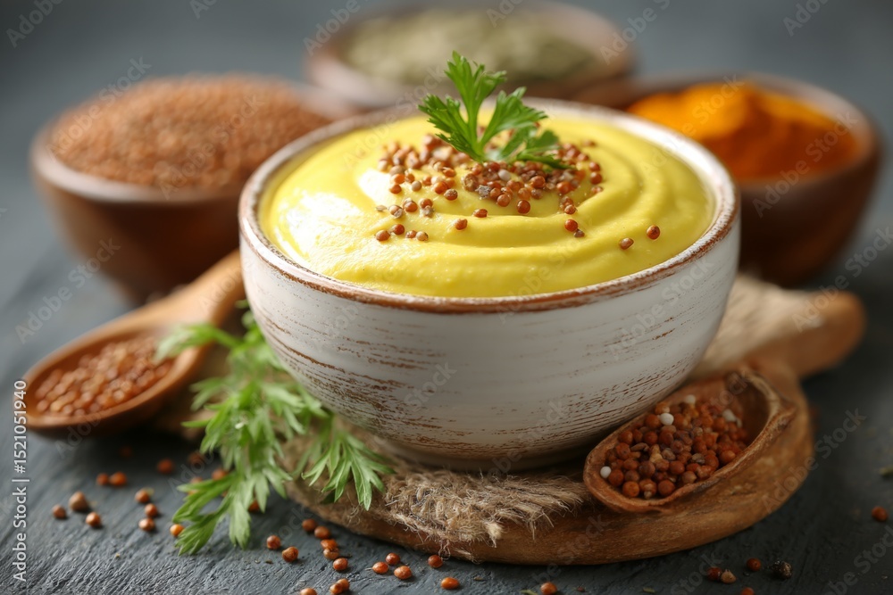 Poster mustard sauce with spices in wooden bowls and a rustic setting in a kitchen environment during the d
